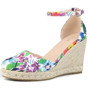 Platform Espadrilles Closed Toe Cheetah Wedge Heel Sandals, Blue White